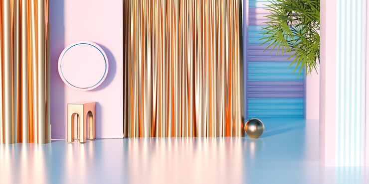Foto renderização 3d da plataforma rosa com cortinas douradas para a exibição de um produto