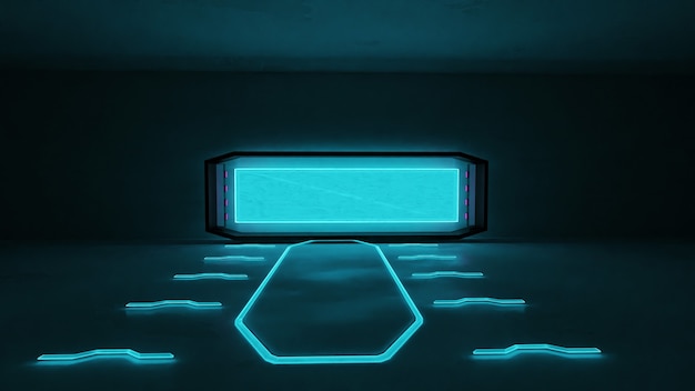 Renderização 3D da sala com janela e luz de néon azul
