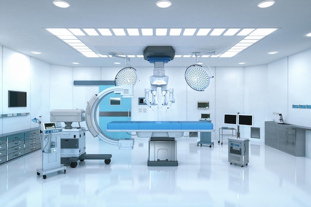 Renderização 3D da sala de cirurgia do hospital com máquina CArm e robô de cirurgia