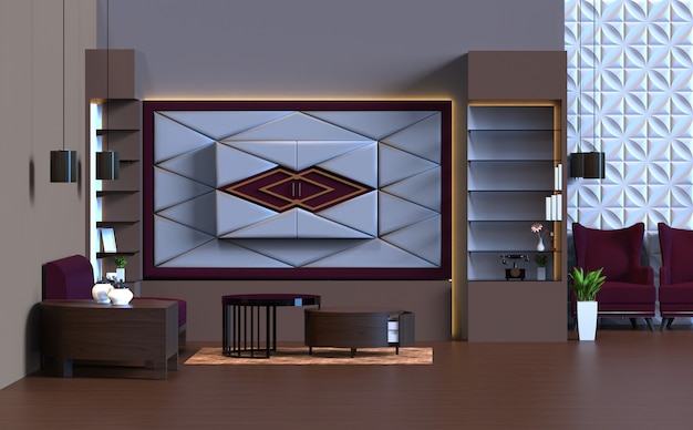 Renderização 3D da sala de estar com decoração de painel de parede de móveis