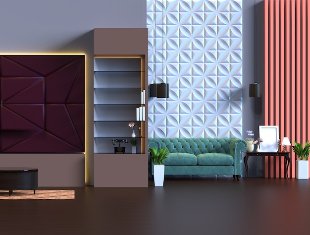 Renderização 3D da sala de estar com decoração de painel de parede de móveis