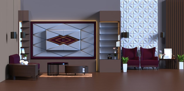 Renderização 3D da sala de estar com decoração de painel de parede de móveis