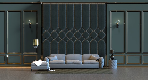 Renderização 3D da sala de estar com decoração de painel de parede