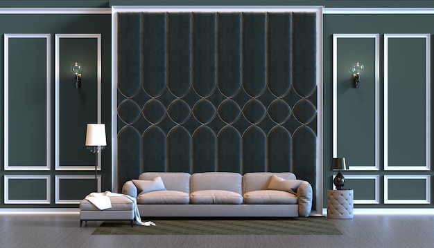 Renderização 3D da sala de estar com decoração de painel de parede