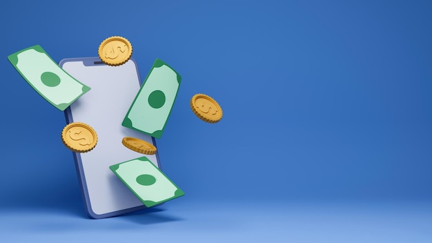 Renderização 3D da tela vazia do smartphone com notas de moedas de dólar voador sobre fundo azul e espaço para texto