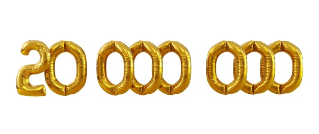 Renderização 3D de 20 milhões ou 2.000.000 de seguidores, obrigado Balões de ouro, vinte milhões de balões com números de ouro