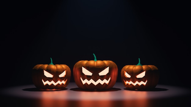 Renderização 3d de abóbora de halloween assustador enfrenta cabeças à noite com luz laranja brilhante e reflexão