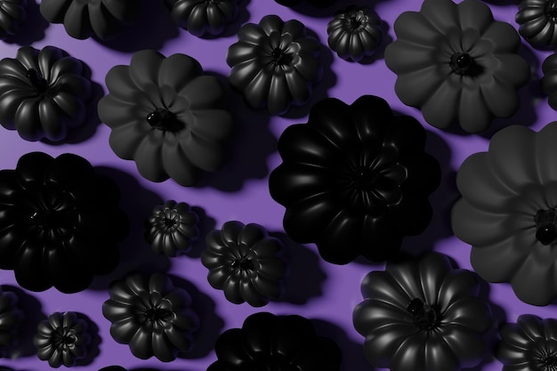 renderização 3D de abóboras pretas planas sobre um fundo roxo