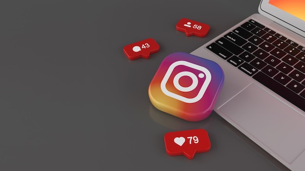 Renderização 3D de alguns balões vermelhos com seguidores te, ícones de gostos e comentários e um emblema quadrado do Instagram sobre laptop em fundo cinza