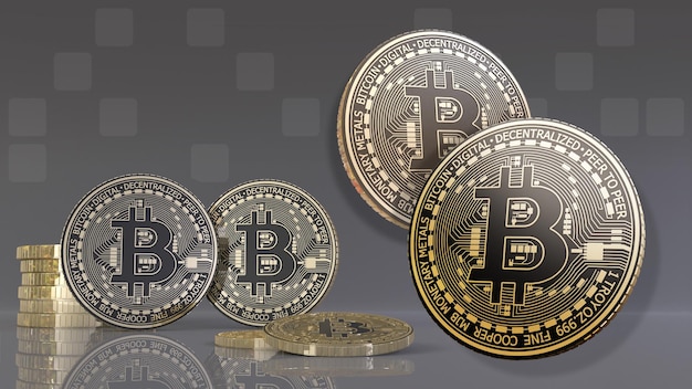 renderização 3D de alguns bitcoins metálicos em fundo cinza