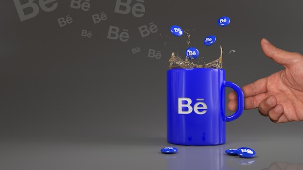 Renderização 3d de alguns comprimidos behance caindo em uma caneca azul com o logotipo desta rede profissional