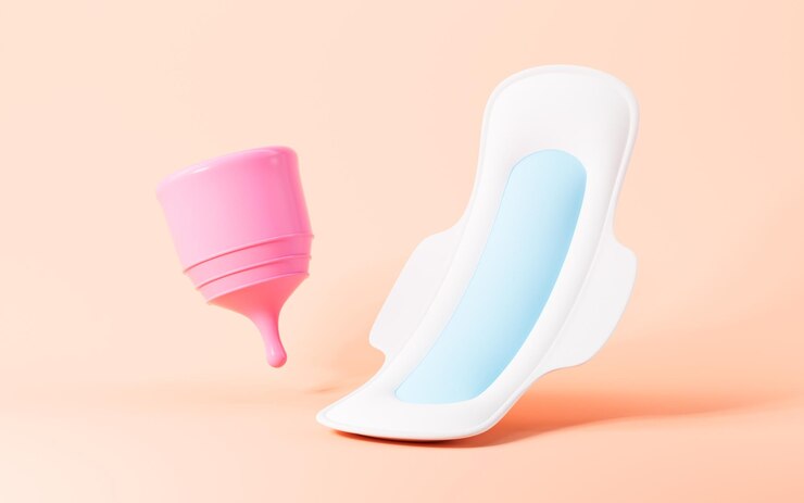 Foto renderização 3d de almofada menstrual e copo menstrual de desenho animado