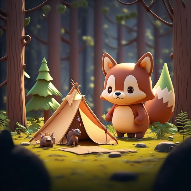 Renderização 3D de animal da floresta com tenda