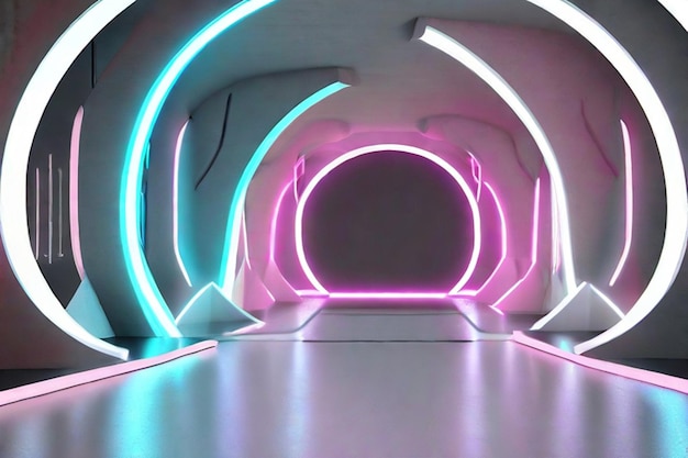 Renderização 3D de arquitetura de arco futurista abstrato com luz de néon e chão de concreto vazio