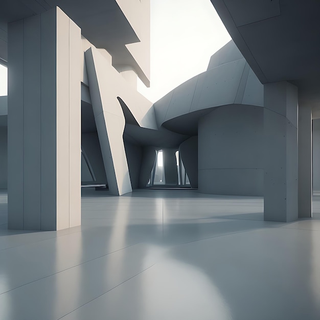 Renderização 3D de arquitetura futurista abstrata com piso de concreto