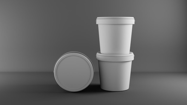Renderização 3D de balde de iogurte branco com tampa em fundo cinza