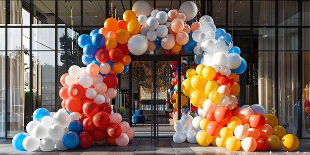 Renderização 3D de balões coloridos em frente à entrada do edifício Ai Gerado