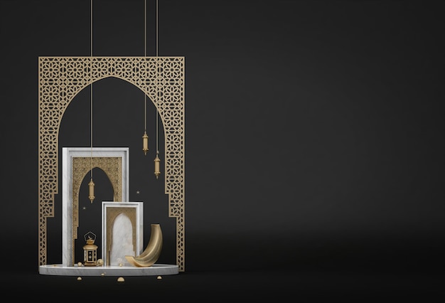 renderização 3D de banners de tema islâmico moderno Lanternas de ouro geométricas com lâmpadas dentro e ou