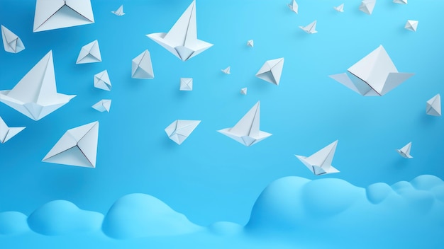 Renderização 3D de barcos de papel flutuando no céu azul com nuvens