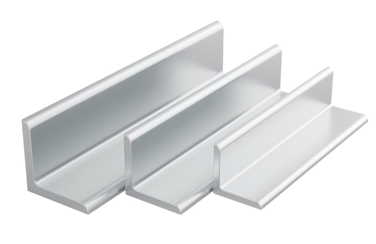 Foto renderização 3d de barras de ângulo de pernas iguais de aço de metal laminado