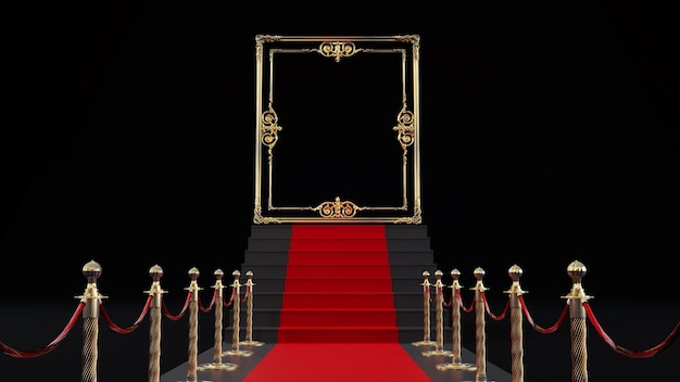 Renderização 3D de barreiras de tapete vermelho levando a um conceito vip de moldura dourada