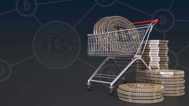 Renderização 3D de bitcoins em um carrinho de compras sobre fundo preto