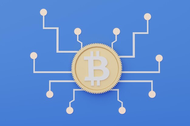 Renderização 3d de bitcoins que se conectam a outra rede. conceito de conexão do sistema blockchain.