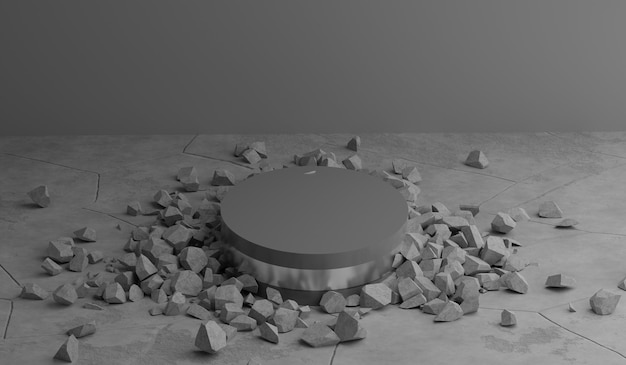 Renderização 3D de bola de cristal com pedaços de pedra quebrados em um fundo cinza Pódio preto em quarto escuro