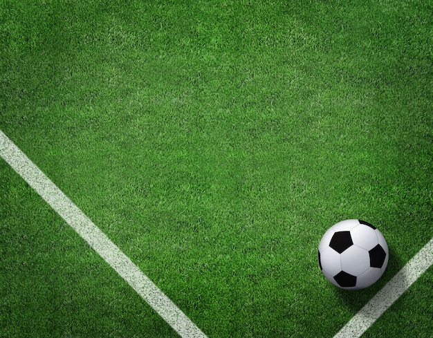Renderização 3D de bola de futebol com linha no campo de futebol.