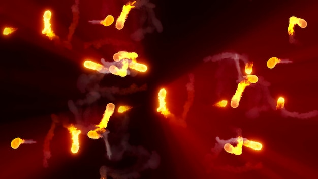 Renderização 3d de bolas de fogo multicoloridas voando ao longo de uma trajetória complexa