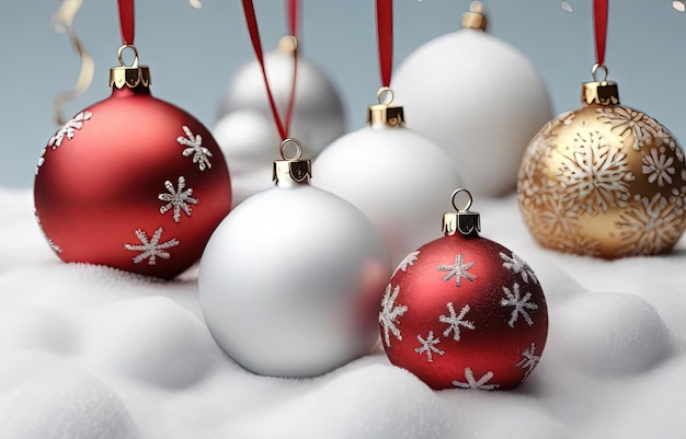 Renderização 3D de bolas de Natal em fundo de neve branca