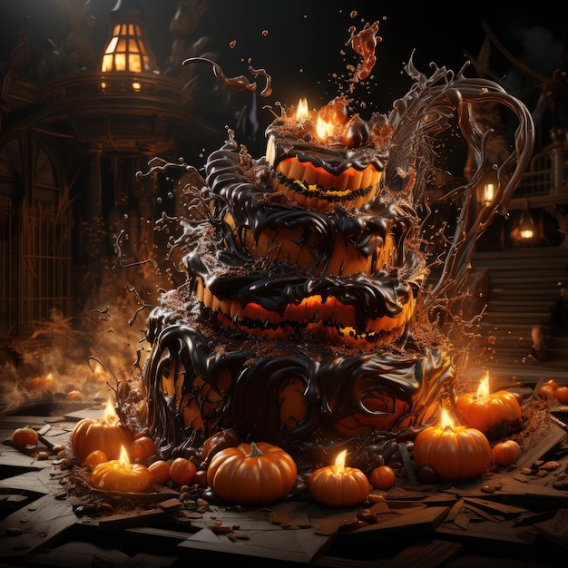 Renderização 3D de bolo de Halloween e Conceito de Festa de Doces