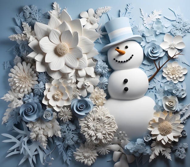 Renderização 3D de boneco de neve feito de flores de papel em fundo azul gerado por Ai