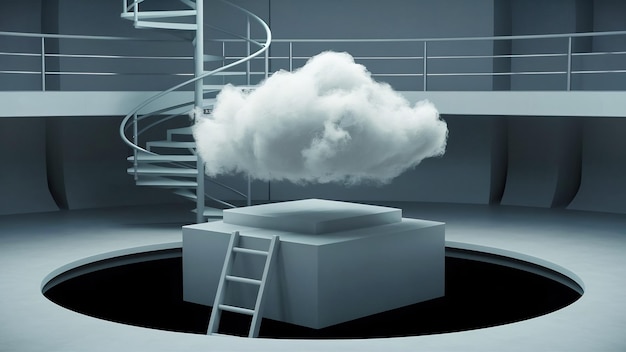 renderização 3d de branco nuvem macia cubo pódio pedestal mínima sala interior escada escadas