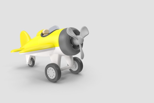 Renderização 3D de brinquedo amarelo de avião em miniatura em um fundo branco isolado