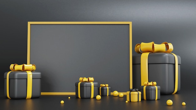 Renderização 3d de caixa de presente amarela e preta para ocasiões diferentes com moldura