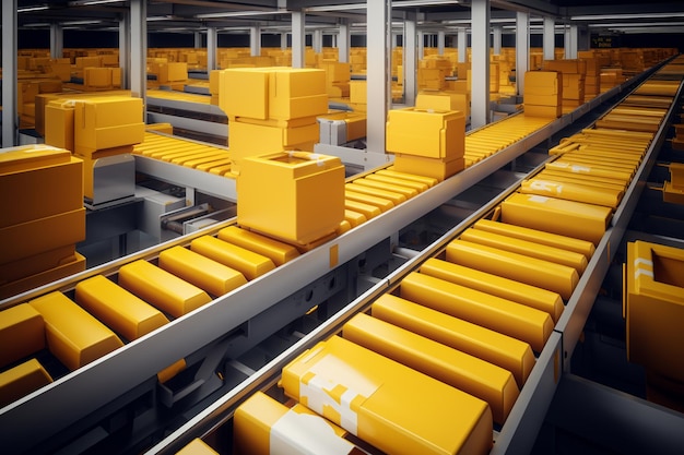 Renderização 3D de caixas amarelas em correia transportadora no armazém da fábrica