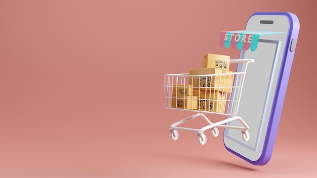 renderização 3D de caixas de papelão no carrinho de compras e smartphone Conceito de negócio online digital