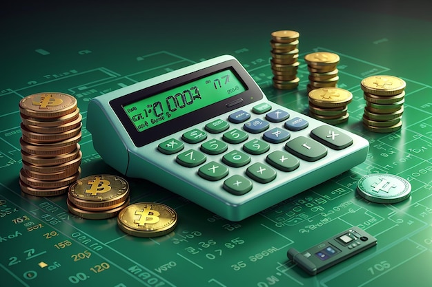 Renderização 3D de calculadora com imposto na tela com moedas de símbolo de criptomoeda e gráfico de mercado de ações em verde em fundo conceito de imposto de criptomoedas Ilustração de renderização 3D