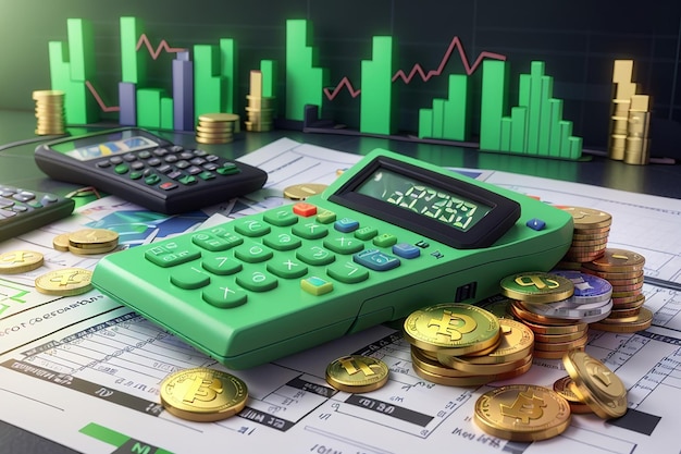 Renderização 3D de calculadora com imposto na tela com moedas de símbolo de criptomoeda e gráfico de mercado de ações em verde em fundo conceito de imposto de criptomoedas Ilustração de renderização 3D