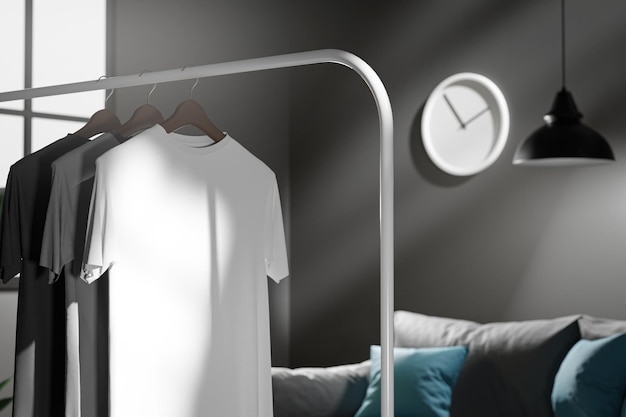 Foto renderização 3d de camiseta pendurada na sala de estar