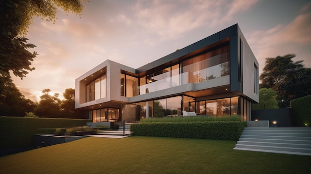 renderização 3D de casa moderna e aconchegante com garagem para venda ou aluguel com belo paisagismo