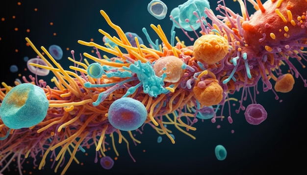 Renderização 3D de células de vírus em fundo colorido Células de vírus em movimento