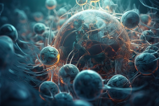renderização 3D de células humanas ou fundo de microscópio de células-tronco embrionárias AI gerado