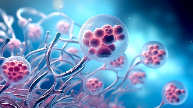 Renderização 3D de células humanas ou fundo de microscópio de células-tronco embrionárias