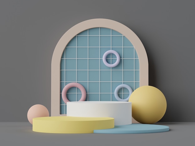 Renderização 3D de cena minimalista pastel de pódio em branco branco com tema de tons de terra. Cor saturada silenciada. Desenho de formas geométricas simples. Display moderno para apresentação de produtos.