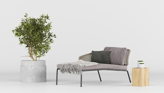 Renderização 3D de Chaise Longue cinza com pequena árvore e mesa baixa em cenário de fundo branco