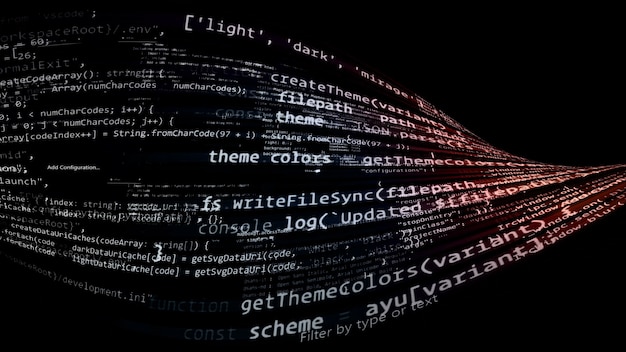 Renderização 3d de código abstrato no espaço virtual. o código do computador é dobrado na forma de uma fita