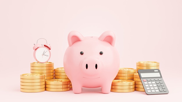 Renderização 3D de cofrinho rosa com moedas de ouro empilhadas para economizar dinheiro