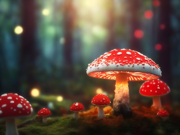 Renderização 3D de cogumelo agárico-mosca em uma floresta com luzes bokeh
